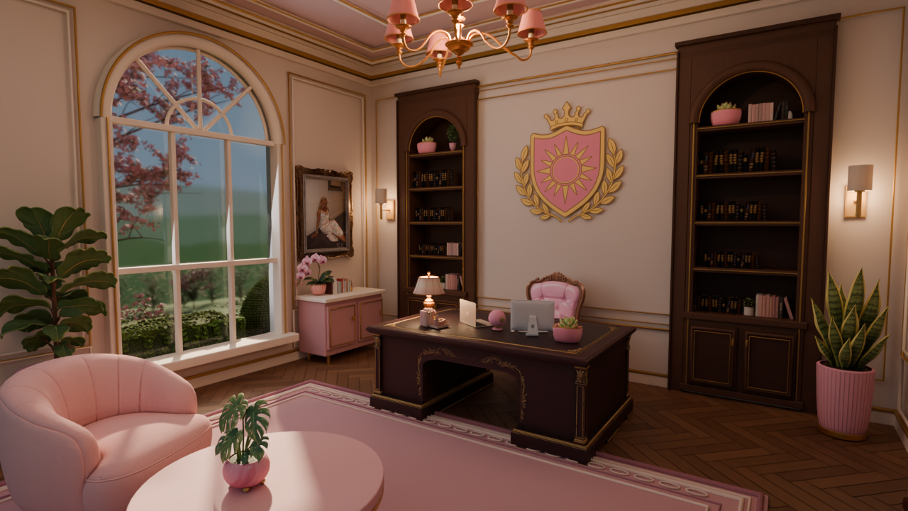 Jade’s Rosewood office, with pink seating and an ornate desk
